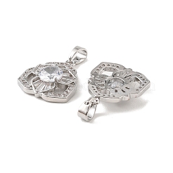 真鍮と透明キュービックジルコニアのペンダント  花のチャーム  プラチナメッキ  22.5x19.5x5.5mm  穴：6.5x4mm&nbsp;KK-G558-07P