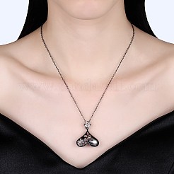 ファッション真鍮製ペンダントネックレス  キュービックジルコニアおよび真鍮製アズキチェーン  花とハート  淡黄色  ガンメタ色  17.7インチ（45cm）&nbsp;NJEW-BB34107