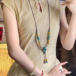 Alloy & Porcelain Beaded Barrel Tassel Pendant Long Bib Necklaces for Women&nbsp;WG23FEE-03