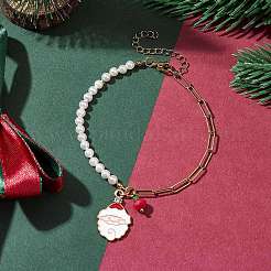 304ステンレススチールペーパークリップチェーンブレスレット  クリスマス サンタクロース 合金 エナメル チャーム ブレスレット ガラス付き  ゴールドカラー  9-5/8インチ（24.3cm）&nbsp;BJEW-TA00464