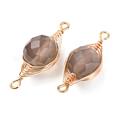 Natural Grey Agate Faceted Flat Round Links Connector Charms with Copper Herringbone Wire-Wrapped&nbsp;KK-Z152-09G-01