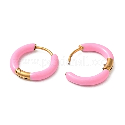304ステンレススチール＆エナメルフープピアス（女性用）  リング  ゴールドカラー  ピンク  17x3mm&nbsp;EJEW-S237-13H