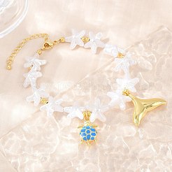 オーシャンブラスエナメルチャームブレスレット（女性用）  ホワイトABS樹脂製イミテーションパールビーズブレスレット  ラックめっき  長持ちメッキ  カドミウムフリー＆鉛フリー  18KGP本金メッキ  ヒトデ  7.78インチ（19.75cm）&nbsp;KK-CBA68DA-15A-G