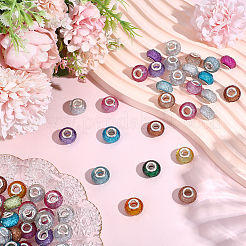 225個 9色 ファセット樹脂ヨーロピアンビーズ  大穴ビーズ  銀色メッキの真鍮の芯とグリッターパウダーを使用したロンデル  ミックスカラー  14x8.5mm  穴：5mm  25個/カラー&nbsp;RESI-PA0001-19