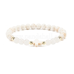 Synthetic Turquoise(Dyed) & Hematite & Natural White Jade Beaded Stretch Bracelet with Cross&nbsp;BJEW-JB08287