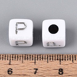 不透明なアクリルビーズ  文字付きのキューブ  シルバーライン入り  文字p  9~10x9~10x9~10mm  穴：4mm  約625個/500g&nbsp;SACR-T035-03P