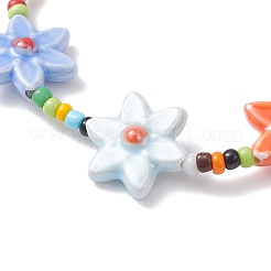 手作りの磁器とガラスのシードビーズを使用した女性用ストレッチブレスレット  花のチャーム  カラフル  内径：2-1/8インチ（5.5cm）&nbsp;BJEW-TA00696