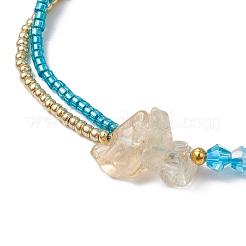 ファセット加工されたバイコーンガラスと丸いガラスシードビーズの編み込みビーズブレスレット  天然シトリンと真鍮の丸いビーズ付き  ディープスカイブルー  内径：2-1/4~3-3/4インチ（5.55~9.5cm）&nbsp;BJEW-MZ00164-03
