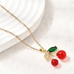 Brass Micro Pave Clear Cubic Zirconia & Resin Red Cherry Pendant 304 Stainless Steel Cable Chain Necklaces for Women&nbsp;NJEW-H092-02G