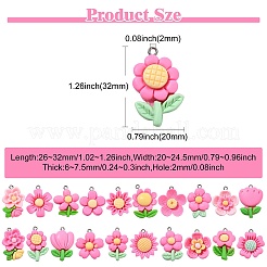 100個20スタイル不透明樹脂ペンダント  プラチナトーンのアイアンループ付き  花  ショッキングピンク  26~32x20~24.5x6~7.5mm  穴：2mm  5個/スタイル&nbsp;RESI-CJ0004-44