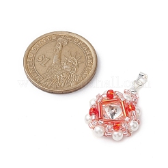 ガラスラインストーンとアクリルパールペンダント  花  銀  レッド  29x20x8mm  穴：3.5x4mm&nbsp;PALLOY-MZ00251-02