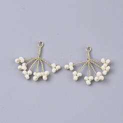 ガラスシードビーズワイヤーラップペンダント  金メッキ真鍮線付き  ツリー  ベージュ  15~16x18~21x2~3mm  穴：1.2mm&nbsp;FIND-S321-06J