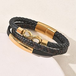 マイクロファイバーレザーコードを編み込んだマルチ連ブレスレット  304ステンレススチール製インフィニティチャームブレスレット（女性用、男性用）  マグネットクラスプ付き  ブラック  8.46インチ（21.5cm）&nbsp;BJEW-C153-01G