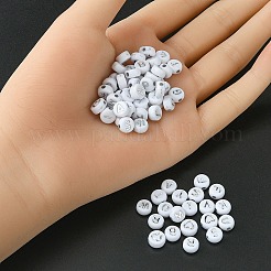 300 個 2 スタイル不透明な白のアクリルビーズ  ライン入り  文字でフラットラウンド  銀メッキ  7x3.5~4mm  穴：1.5~1.8mm&nbsp;MACR-YW0002-58B