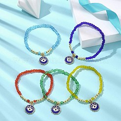 合成ヘマタイト & シード ビーズ ストレッチ ブレスレット  合金エナメルナザールボンジュウチャームブレスレット  ミックスカラー  内径：2-3/8インチ（6cm）&nbsp;BJEW-JB09612