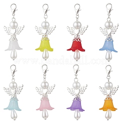 8個 8色 フロストアクリル&ガラスパールフラワーエンジェルペンダントデコレーション  合金製のハート型の羽根とロブスターの爪の留め具付き  ミックスカラー  銀  55mm  1pc /カラー&nbsp;HJEW-JM03490