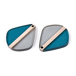 透明樹脂＆ウッドペンダント  ティアドロップ  ツートン  スチールブルー  32.5~33x27.3~27.9x3.5mm  穴：2mm&nbsp;RESI-T057-55A