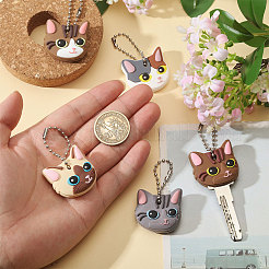 6個 6色 猫の頭 PVC 紛失防止キースリーブペンダントデコレーション  鉄球チェーンを有する  キー識別子のキャップ  ミックスカラー  62mm  1pc /カラー&nbsp;HJEW-GL0001-30