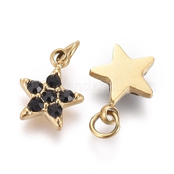 316サージカルステンレススチールチャーム  ラインストーンと丸カン付き  スター  ゴールドカラー  ジェット  8x6x1.3mm  穴：1.8mm&nbsp;STAS-F256-024A-G