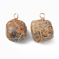 天然ヒョウ肌ジャスパーペンダント  金メッキ真鍮線を巻いたもの  ナゲット  14~25x15~32x13~21mm  穴：4mm&nbsp;G-N332-50-02