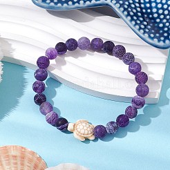 染色された天然の風化瑪瑙の丸いビーズのストレッチブレスレット  合成ターコイズ タートルブレスレット  パープル  内径：2-1/8インチ（5.5cm）&nbsp;BJEW-JB11078-02
