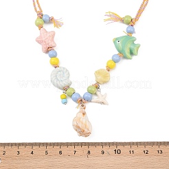 Ceramics Starfish Fish & Resin Shell Shape Pendant Adjustable Cotton Cord Necklaces for Women&nbsp;NJEW-Z100-01B-G