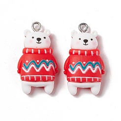 クリスマステーマの不透明樹脂ペンダント  プラチナトーン鉄パーツ  セーターを着たクマ  レッド  28.5x16x7mm  穴：2mm&nbsp;LS-FIND-E025-21