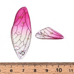 エポキシ樹脂の蝶の羽ペンダント  ラインストーンと金箔付き  濃いピンク  49x18x2~3mm  穴：1.2mm  小さな羽：25x11x3mm&nbsp;RESI-T057-89C