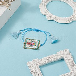 手作り日本の種子長方形編組ビーズ ブレスレット  女性用タッセルチャームブレスレット  手のひら模様  ペンダント：40x27x1.5mm  最大内径: 3-1/2 インチ (9 cm)&nbsp;BJEW-MZ00022-01