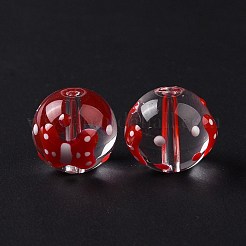 透明ガラスビーズ  手描きのビーズ  エナメル  ラウンド  レッド  ちょう結びの模様  11.5~12x11mm  穴：1.5~1.6mm&nbsp;LAMP-B021-03A-03
