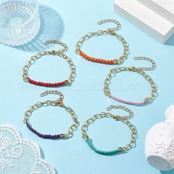 ワックスコットンコード 編み込みリンクブレスレット  ゴールドの真鍮アズキチェーン付き  ミックスカラー  7-1/8インチ（18cm）&nbsp;BJEW-JB09963