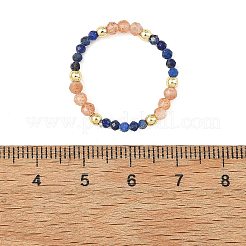 女性用、調節可能な天然ラピスラズリビーズ付きストレッチリング  多面カットラウンド  ゴールドカラー  21mm&nbsp;RJEW-JR01093-01