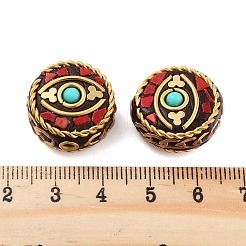 手作りのインドネシアビーズ  真鍮、樹脂と  フラットラウンド  レッド  20x10mm  穴：1.8mm&nbsp;FIND-Q106-71B