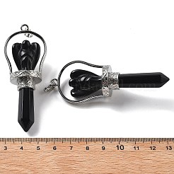 天然黒曜石の尖った大きなペンダント  真鍮製の金具が付いたファセット加工の弾丸と天使のチャーム  ラックめっき  プラチナ  71~77x27~28x19~20mm  穴：6.5x4.5mm&nbsp;KK-H491-01P-06