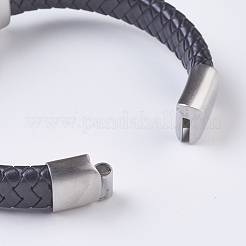 男性の編みこみの革コードブレスレット  304ステンレススチールの金具とマットなマグネット留め具付き  虎ヘッド  ブラック  8-1/4インチ〜8-5/8インチ（210~220mm）&nbsp;BJEW-P194-14B
