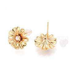 真鍮 ABS イミテーションパール スタッド イヤリング  花  ニッケルフリー  18KGP本金メッキ  14x14mm&nbsp;EJEW-T048-03G