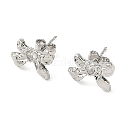 Brass Micro Pave Clear Cubic Zirconia Bowknot Stud Earrings&nbsp;EJEW-A145-02B-P