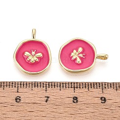 真鍮とエナメルのペンダント  昆虫チャーム付きナゲット  16KGP本金メッキ  濃いピンク  18x14x3mm  穴：3x1.6mm&nbsp;KK-T080-68G