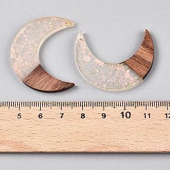 エポキシ樹脂とクルミ材のペンダント  スパンコール付き/スパンコール  ムーン  淡緑色  38x27~28.5x3.5mm  穴：1.6mm&nbsp;RESI-T057-14D