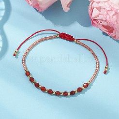 天然瑪瑙編みビーズ ブレスレット  ラウンド  真鍮とシードビーズ付き  内径：3-1/4~5-1/4インチ（8.4~13.5cm）&nbsp;BJEW-JB11420-06