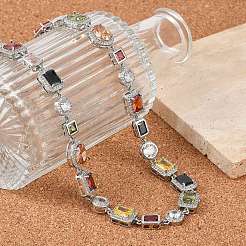 Brass Colorful Cubic Zirconia Cup Chain Oval & Rectangle Necklaces for Women&nbsp;NJEW-M079-05P