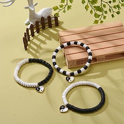 3 スタイルのハンドメイド ポリマークレイ ビーズ ストレッチ ブレスレット セット 3 個  クリア キュービックジルコニア ハート 陰陽チャーム 積み重ね可能な女性用ブレスレット  白黒  内径：2-1/4インチ（5.55cm）  1個/スタイル&nbsp;BJEW-JB08853