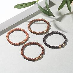 Natural Wood Round Beaded Stretch Bracelet with Synthetic Hematite for Men Women&nbsp;BJEW-JB07549