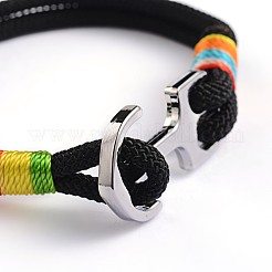 ワックスコードマルチ連ブレスレット  アンカー合金クラスプ付き  プラチナ  ブラック  210x8x3.5mm&nbsp;BJEW-P128-33D