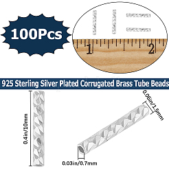 波形真鍮チューブビーズ100個  長持ちメッキ  925銀メッキ  10x1.5mm  穴：0.7mm&nbsp;KK-CN0002-88