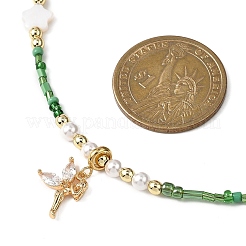 Brass Pave Clear Cubic Zirconia Fairy Pendant Round Shell Pearl & Flower Natural Freshwater Shell & Glass Seed Beaded Necklaces for Women&nbsp;NJEW-JN05643
