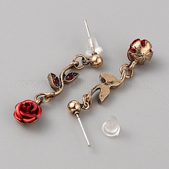 アルミローズフラワーダングルスタッドピアス  女性のためのアンティークブロンズ合金ジュエリー  レッド  36mm  ピン：0.8mm&nbsp;EJEW-WH0017-30AB