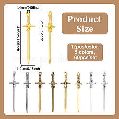 60本5色チベット風アロイペンダント  剣  ミックスカラー  49.5x12x3mm  穴：1.4mm  12個/カラー&nbsp;FIND-UN0007-40