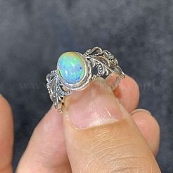 調節可能なオパールとスターリングシルバーのカフオープンリング925個  オーバル  アンティークシルバー  8x6mm&nbsp;RJEW-C155-02