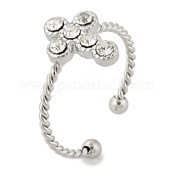 女性用304ステンレススチールクリスタルラインストーンカフリング  クロスオープンリング  ステンレス鋼色  クロス：13x10mm  内径: 調節可能&nbsp;RJEW-G338-03P